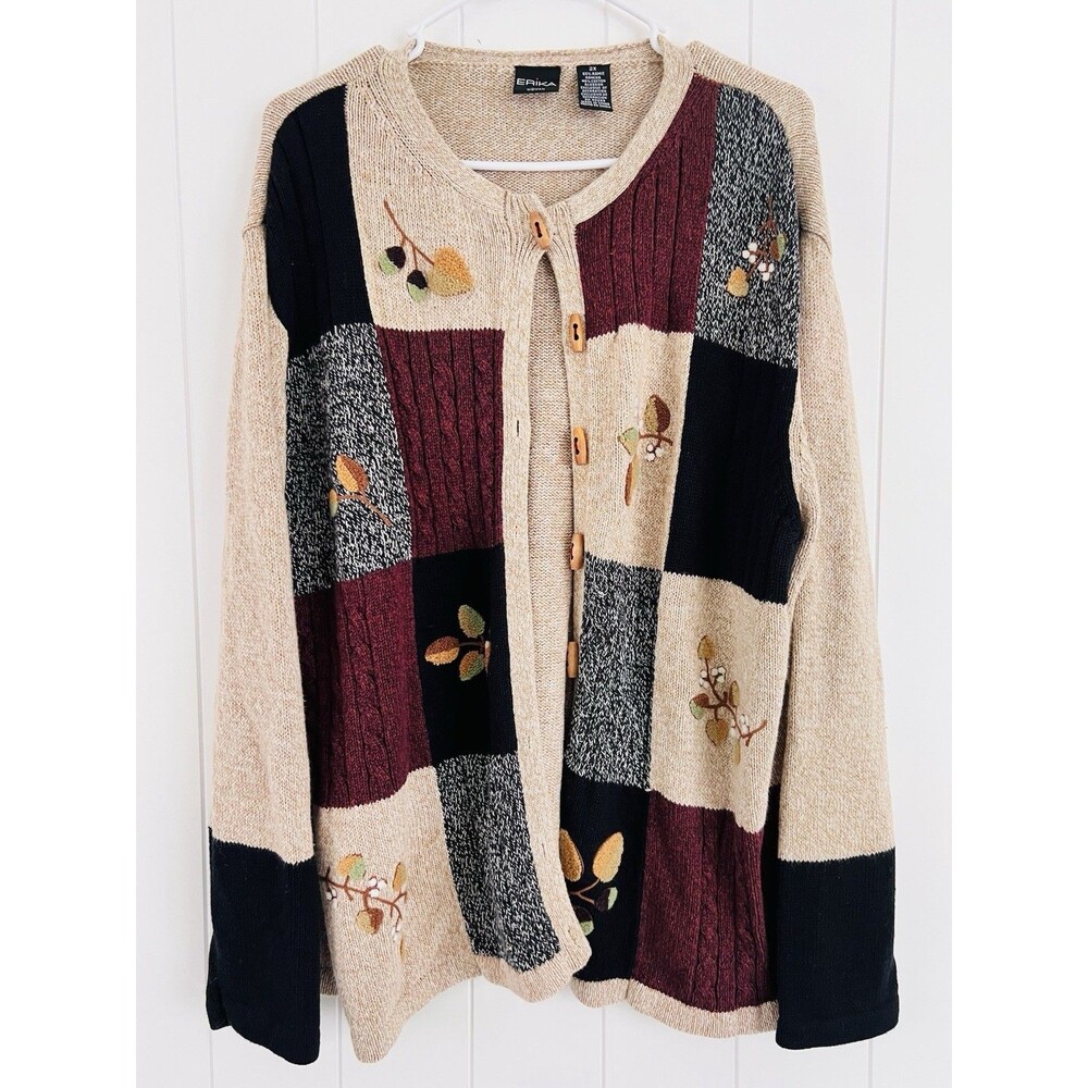 Erika 90s Leaf Embroidered Autumn Tan Brown Patchwork Sweater Wooden Buttons 2X